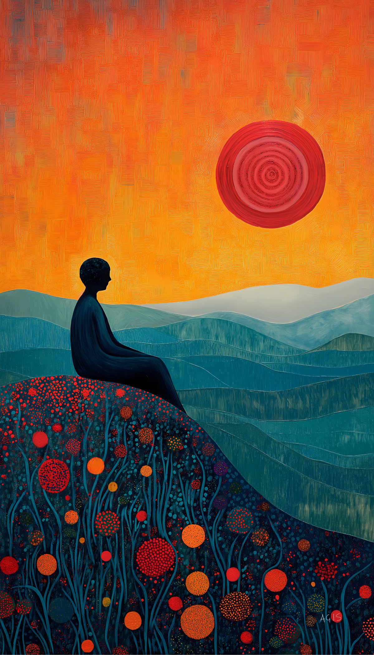 An abstract painting of a person sitting on a hill, surrounded by a colourful landscape of swirling patterns and circular shapes. The sunset sky glows with warm orange and red hues, while the hillside and background are filled with intricate dots and whimsical designs. The scene evokes a sense of quiet reflection and inner peace.