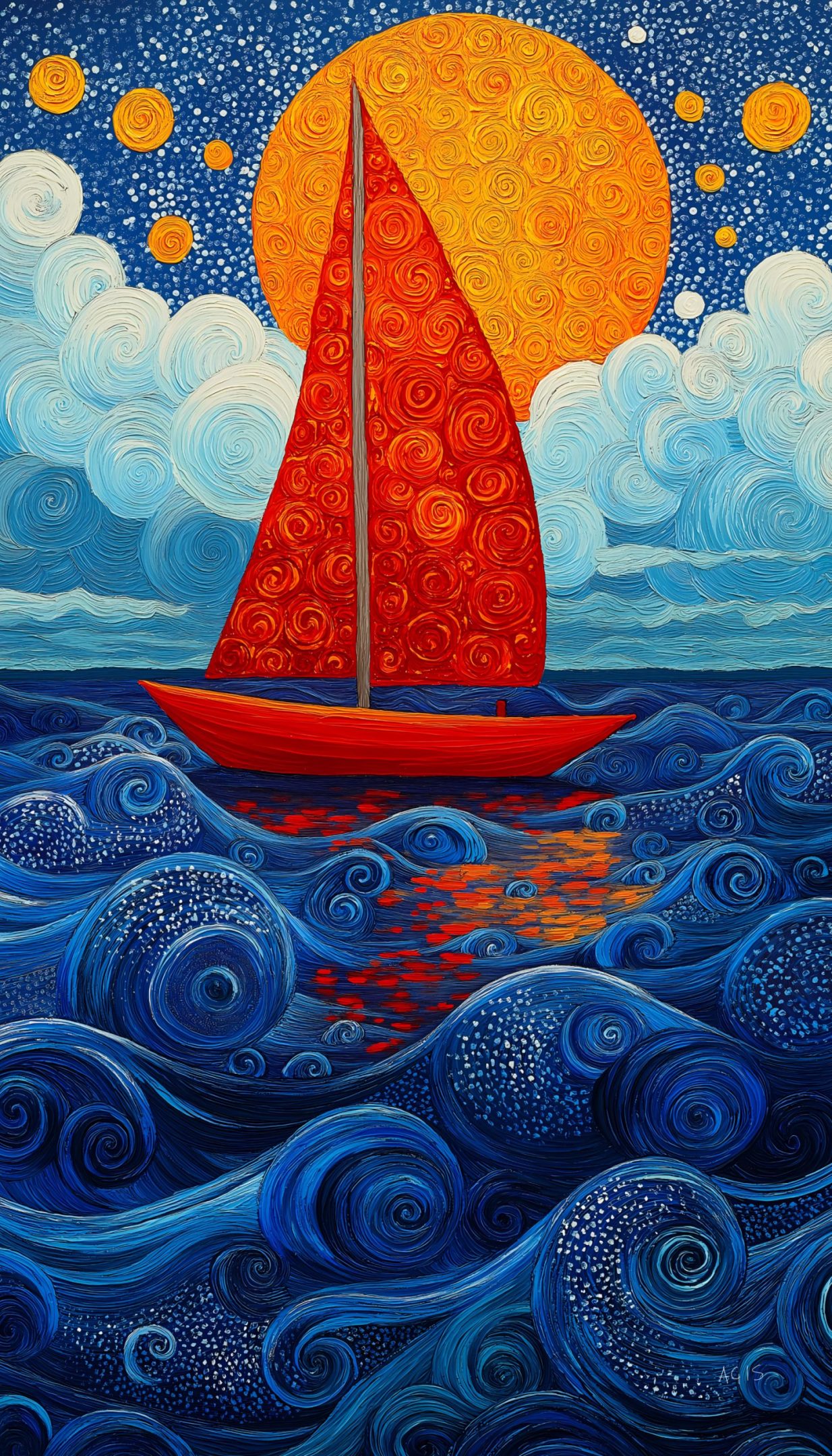 A vibrant painting of a red sailboat sailing on swirling blue waves, symbolising life's challenges and opportunities. The sailboat, with its bright red sail set against a large, swirling yellow sun and a textured sky, represents how we navigate through uncontrollable forces like the wind. The swirling waves and sky evoke the metaphor of setting our sails with intention, aligning with the article's message about personal resilience and steering towards our desired destination despite external circumstances.