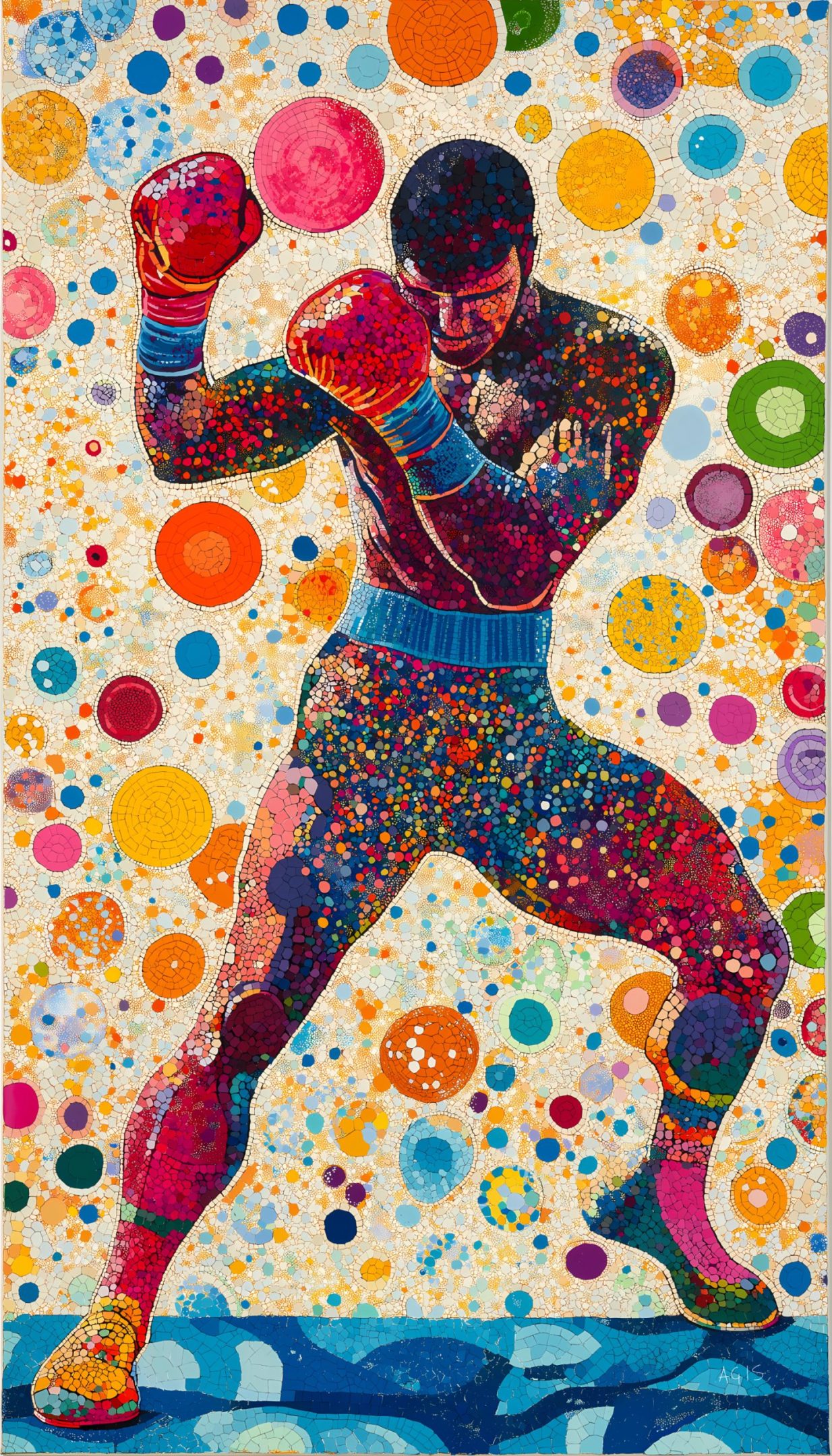 A vibrant, colourful digital artwork of a boxer in a fighting stance, created in a mosaic-like style. The figure is composed of numerous circular patterns and dots in a variety of vivid colours, including shades of red, blue, orange, and purple. The background is filled with floating, multicoloured circles of varying sizes, giving the artwork an energetic and dynamic feel. The piece is titled 