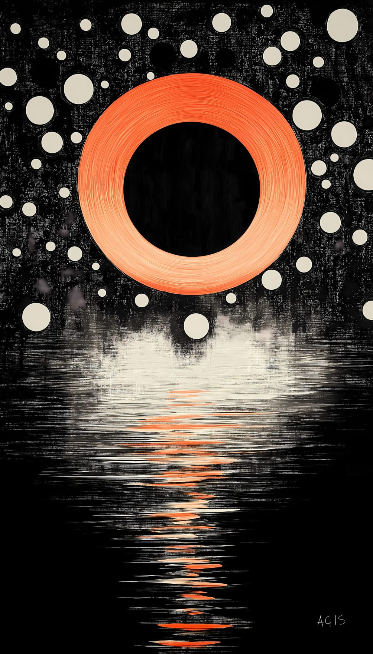 Abstract painting of a solar eclipse with a vivid orange ring surrounding the dark centre. The background is a textured black with scattered off-white circles resembling stars. Below the eclipse, the reflection of the orange ring creates a rippling effect on a dark, reflective surface, evoking the sense of light emerging from darkness.