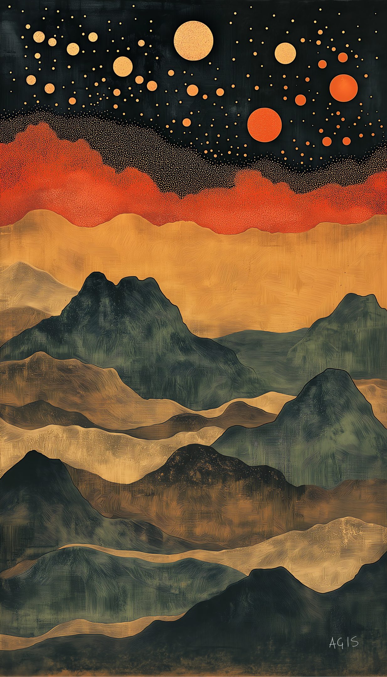 An abstract landscape painting in earthy tones, featuring rolling mountains in shades of dark green, brown, and ochre. The sky above transitions from a warm red-orange horizon to a black night sky filled with circular gold and red dots, resembling stars or planets. The textured layers and harmonious colours evoke a sense of groundedness and cosmic balance.