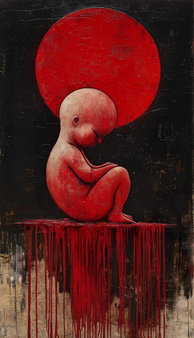 The Unborn Child. Portrayed in vibrant red against a stark black background. The unborn child is curled in a foetal position, seated atop a pedestal that seems to bleed downwards in dripping red paint, evoking a sense of loss and fragility.