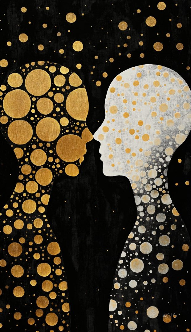 Abstract artwork featuring two human silhouettes facing each other. One figure is composed of gold circles on a black background, while the other is formed of white circles on a dark backdrop. The contrasting colours and patterns symbolise the duality of knowledge and ignorance, inspired by Socrates' philosophy.