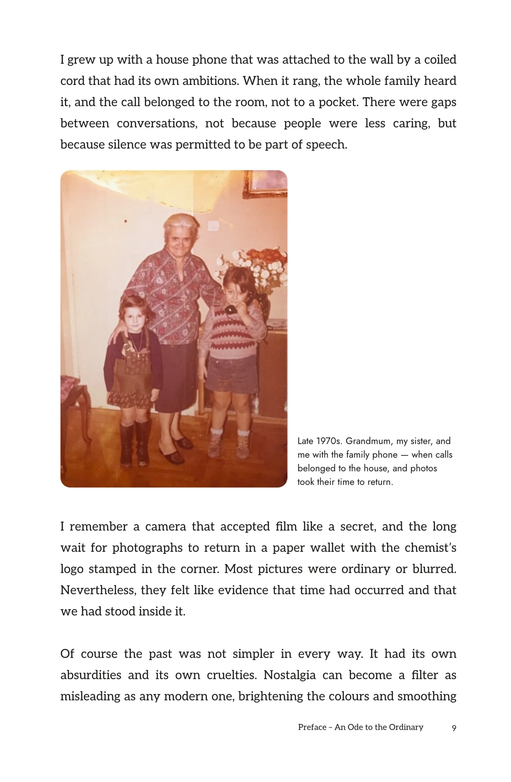 Page 9 of When a Potato Was Just a Potato, Preface: reflections on a coiled-cord house phone and waiting for film photos; includes a late-1970s family snapshot with Grandma.