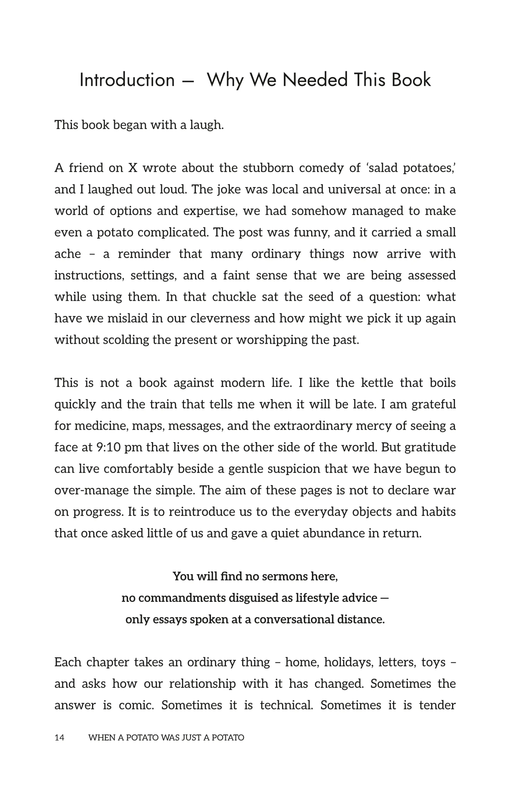 Page 14 of When a Potato Was Just a Potato, Introduction: explains the book’s premise – a laugh about ‘salad potatoes’, gratitude for progress, and a promise of conversational, non-preachy essays.